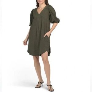 Cynthia Rowley Olive green linen blend puff elbow sleeve V-neck dress size small